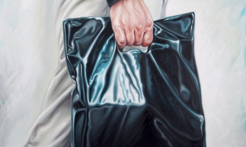 Mann mit schwarzer Tüte 4, 120 x 120 cm, Öl auf Leinwand, 2016